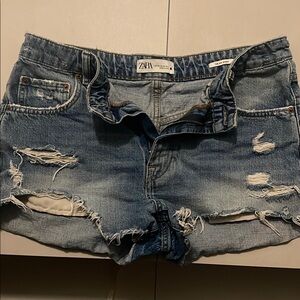 Zara Blue Jean Shorts Distressed Frayed Hem